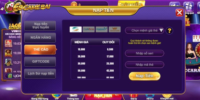 Phương thức nạp tiền tại 68 Game Bài phổ biến